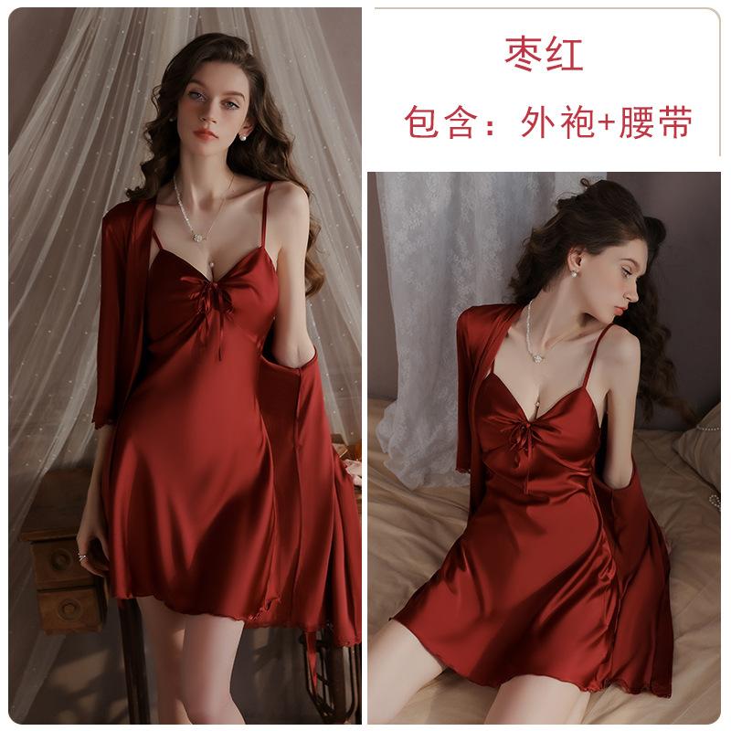 Guiruo Underwear Sweet Satin Sexy Backless Women's Suspender Nightdress Open Placket Silky Robe Loungewear Set 1118