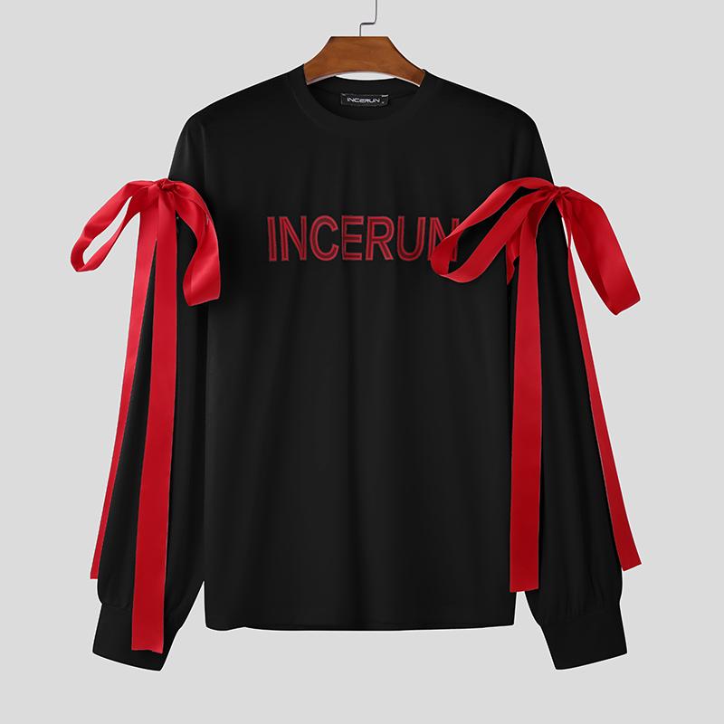 

INCERUN Мужские футболки-оверсайз с длинным рукавом и бантом в стиле пэчворк, повседневные топы с принтом S чёрный