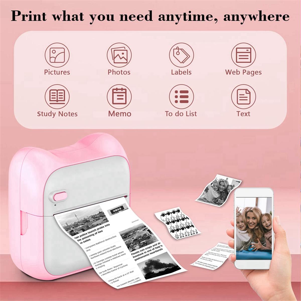A608P Mini Printer Sticker Maker, Portable Thermal Sticker Printer, Mini Inkless Printer with 10 Roll Paper and 5 Color Pens NONE