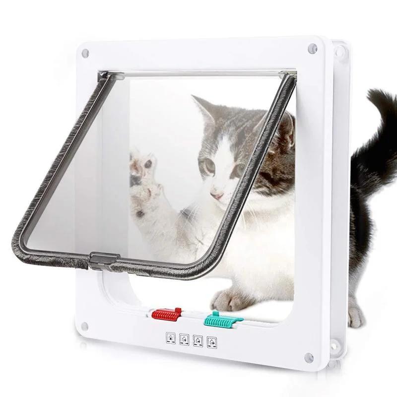 Dog Cat Flap Door with 4 Way Lock Pet Cat Gate Security Flap Door For Animals Plastic Small Dog Gate Cat Flap Pet Door Gate