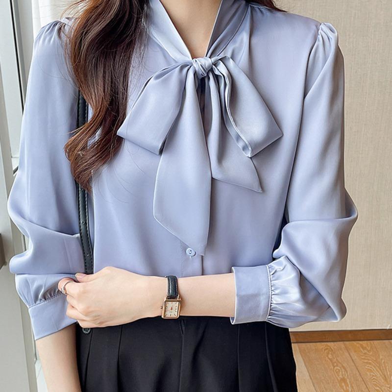 Spring and Summer New Ladies Long Sleeve Chiffon Ribbon Gentle Shirt