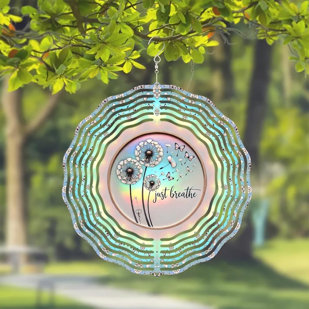 10 Inch 2D Kinetic Metal Wind Spinner Rainbow Iridescent Dandelion Design 360 Rotating Hook for Indoor Outdoor Garden Decor Gift for Women Men