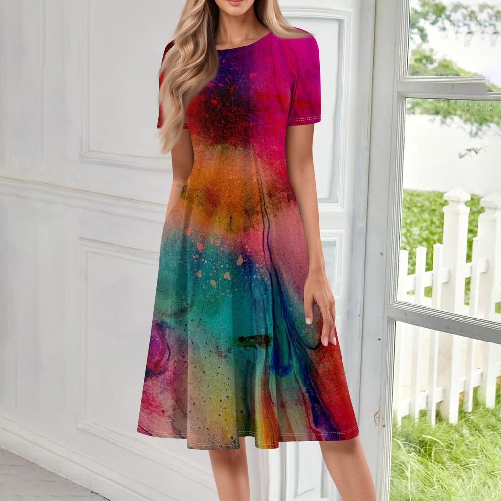 Women Casual Printed Round Neck Long Dress