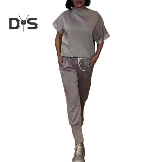 

2 шт./комплект женский комплект с открытыми плечами короткий рукав пайетки сращивание манжеты топы эластичный шнурок талия длинные брюки комплект L серый