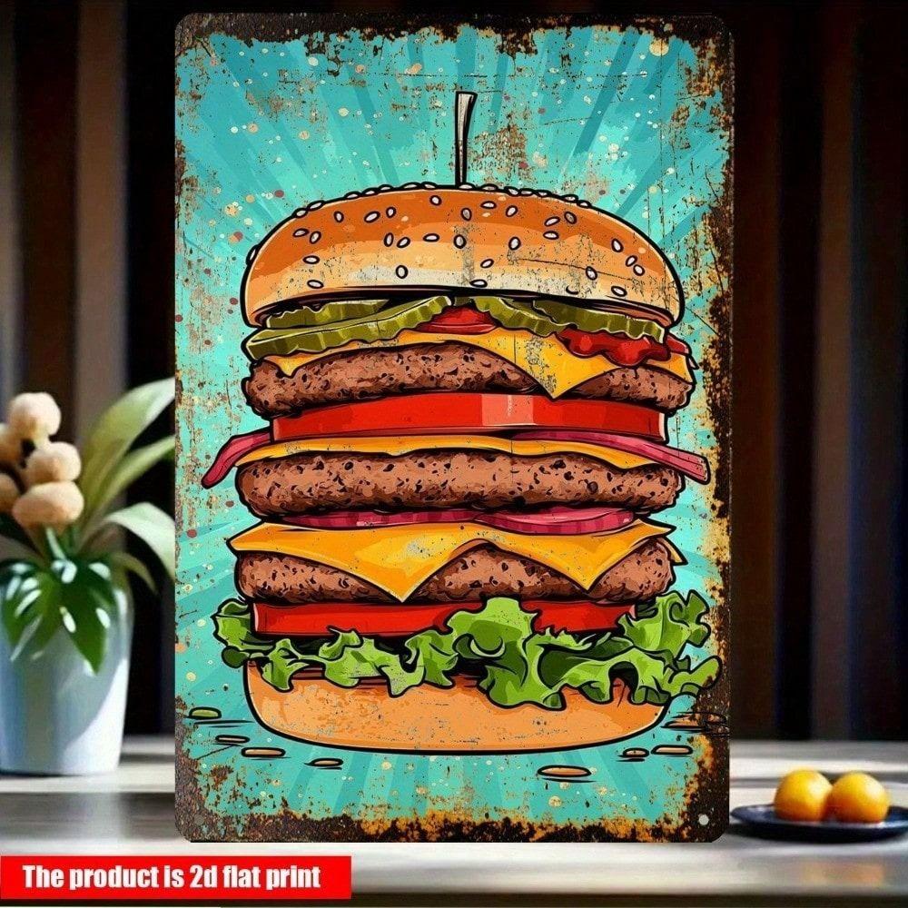 Vintage 2D Hamburger Metal Sign for Kitchen Bar Wall Decor 12x8 Inch