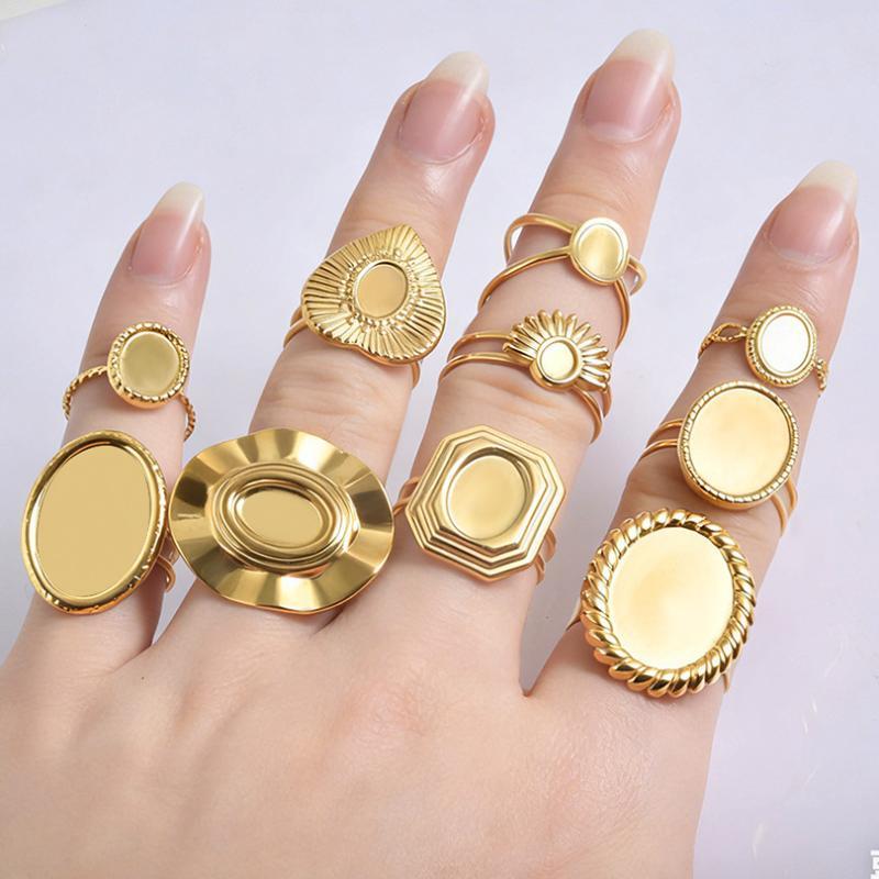 1Pcs Open Adjustable Stainless Steel Heart Sun Leaf Rings Diy Cabochons Silver/Gold Ring For Women Men Handmade Supplies
