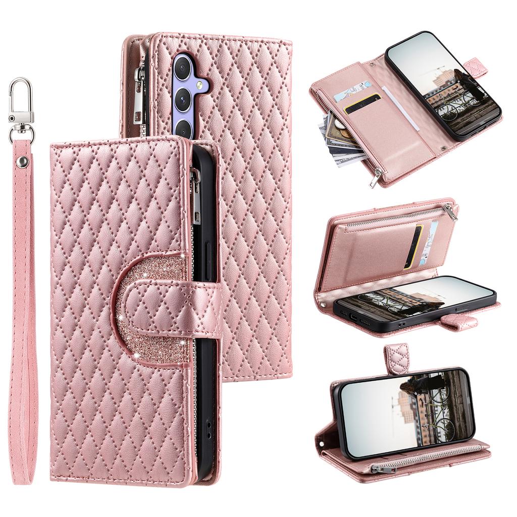 For Samsung Galaxy A37 5G Case Zipper Pocket Glitter Leather Phone Cover with Wrist Strap