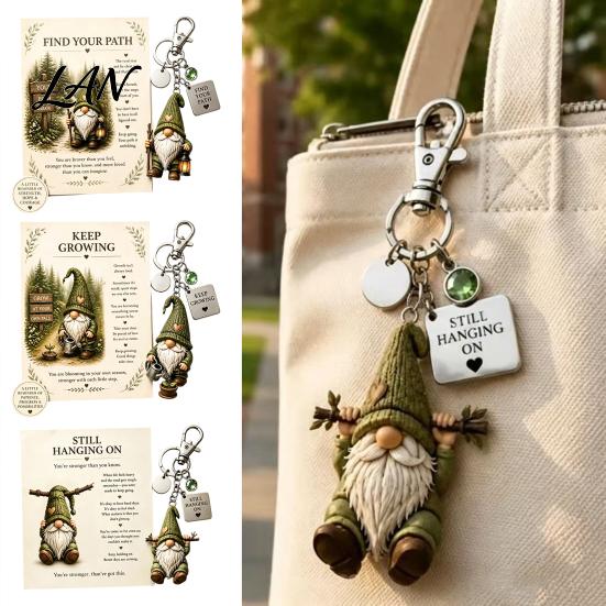 Travel Keychain Gnome with Inspirational Card, Still Hanging On, Keep Growing, Fine Healing Charm Your Path, Dwarf Key Ring for Bags Backpacks