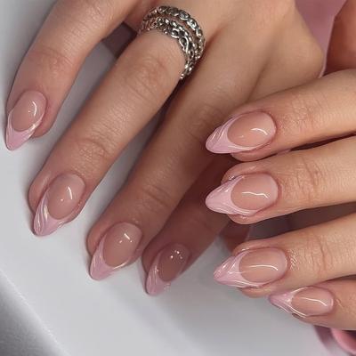 24 Pieces Simple Short Almond-shaped Wearing Nail Piece French Pink 3D Nail Piece Repeatable Fake Nail
