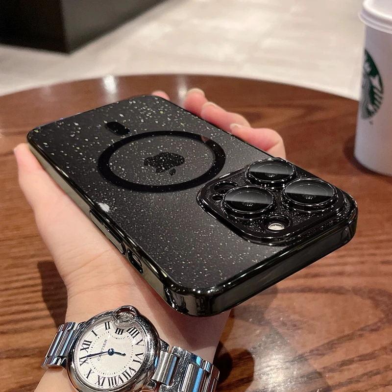 

Роскошный чехол с блестящим покрытием, магнитный чехол для беспроводной зарядки Magsafe для iPhone 11 12 13 14 15 16 Pro Max 14 Plus, тонкий чехол из твердого ПК For iPhone 14