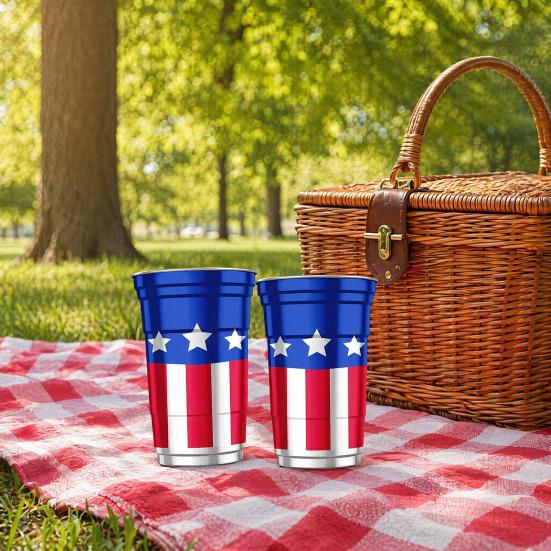 Hliníkový pohár k 250. výročí USA, Znovupoužitelný vlastenecký pivní hrnek, Červeno-bílo-modrý párty pohár pro 4. července, Pro kempování, piknik, grilování