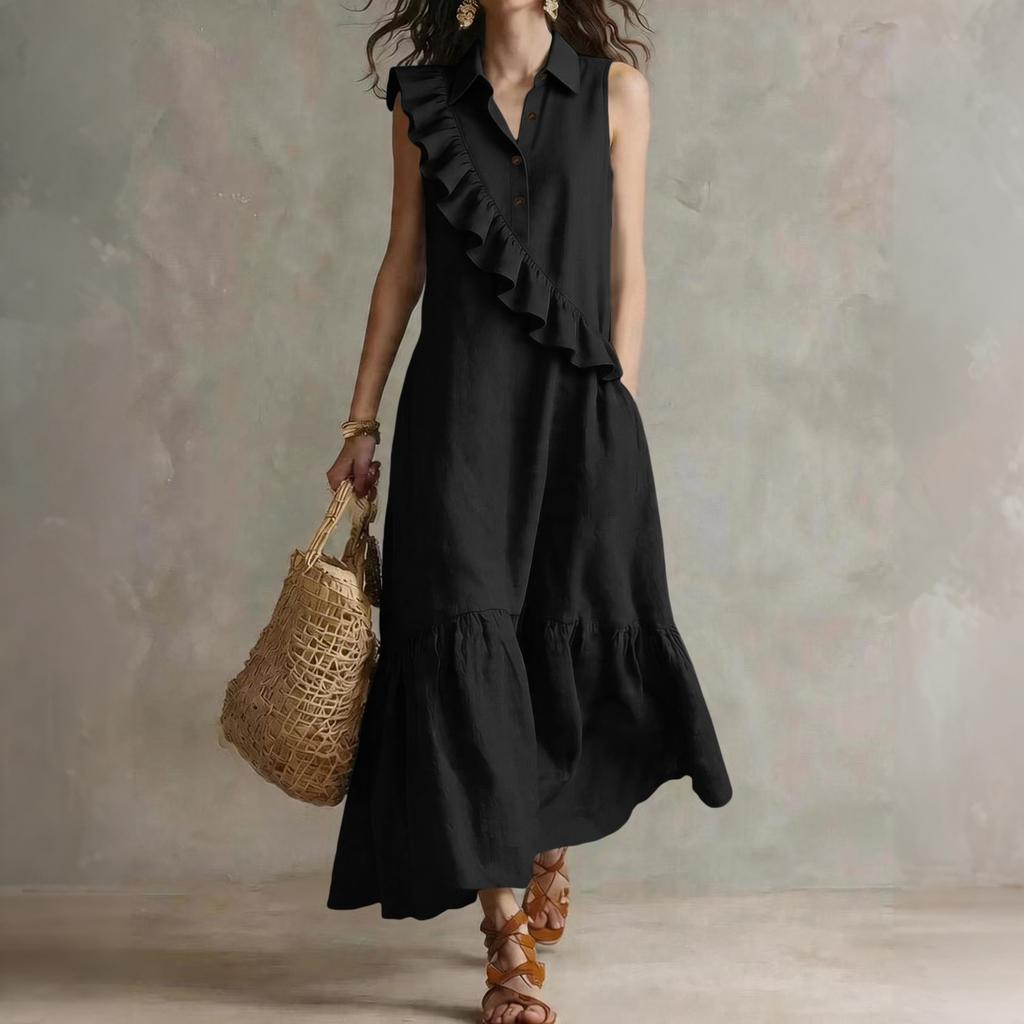 Women's Sleeveless V Neck Vintage Ruffle Midi Dress Casual Solid Relaxed Fit Summer Sundress for Daily Wear Vacation