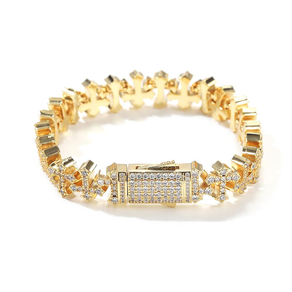 European American Brass Inlaid Zircon 11.5MM Cross Cuban Chain Bracelet Rhodium Gold Plated Light Luxury Versatile Personalized cross&7inch(17.78cm)