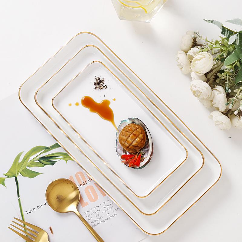 Gold-Rimmed Rectangular Ceramic Dessert and Sushi Plate