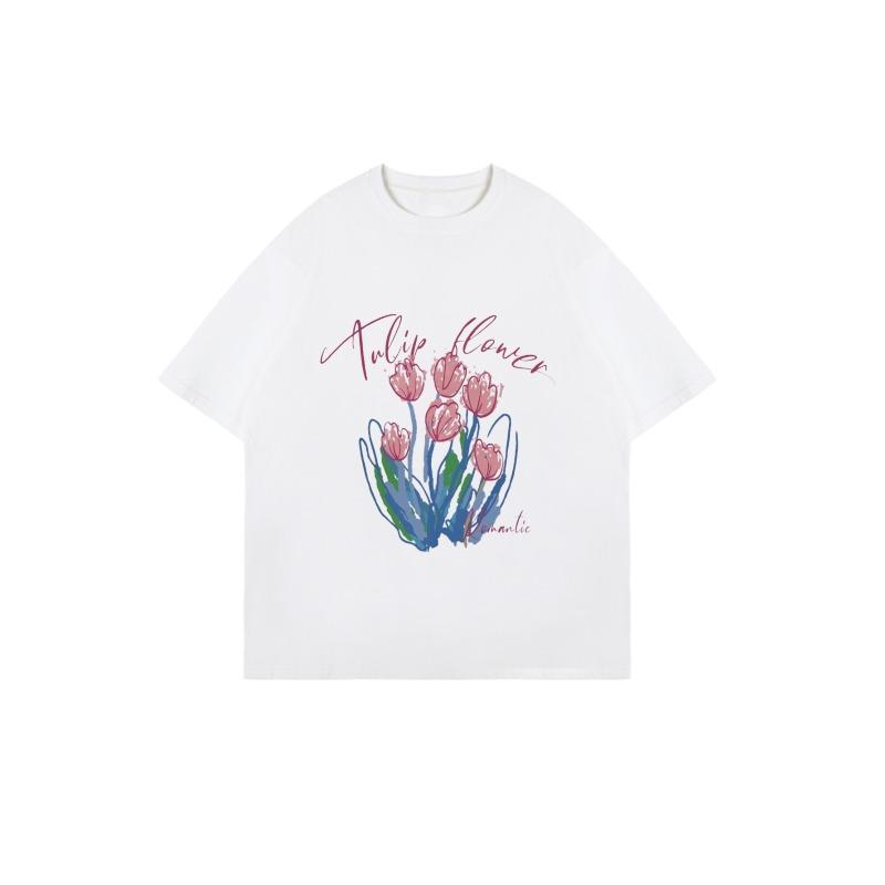 Oversized T Shirt Black Tulip Flower Romantic Print Casual Wear For Women Summer Outfit Streetwear Fashion Top