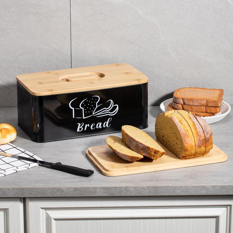 Einfache leichte schwarze Brotbox belüftet und atmungsaktiv Frischhaltendes Metall-Aufbewahrungsbehälter Küche rechteckig Bambusdeckel Brotbox