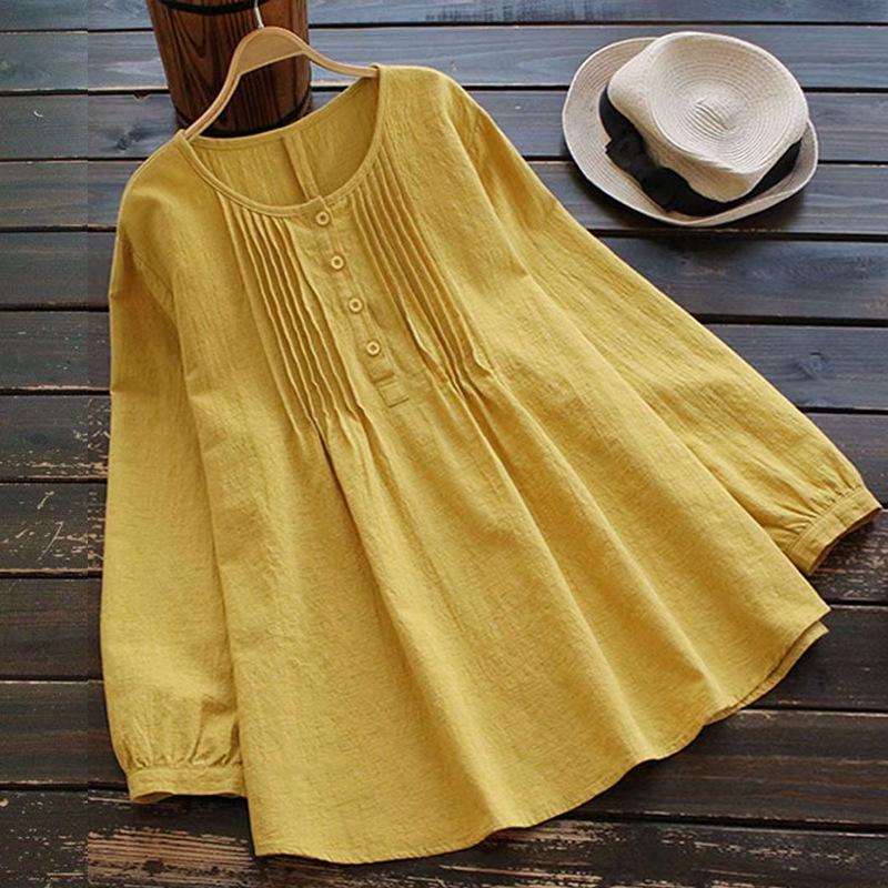 

Plus Size Cotton Linen Long Sleeve Top - Round Neck, Loose Fit, Flaw-Covering Design XL