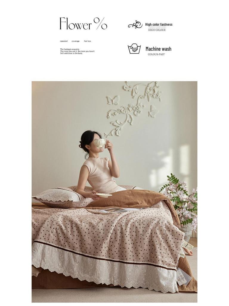Retro French Crinkled Cotton Gauze Quilt Set with Lace Trim - Machine Washable Summer Four-Piece Set