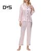 2Pcs Women Silk Satin Pajama Set Lapel Button Down Tops & Pants Set Stripe Loose Sleep Shirt & Elastic Waist Pants Loungewear Outfit