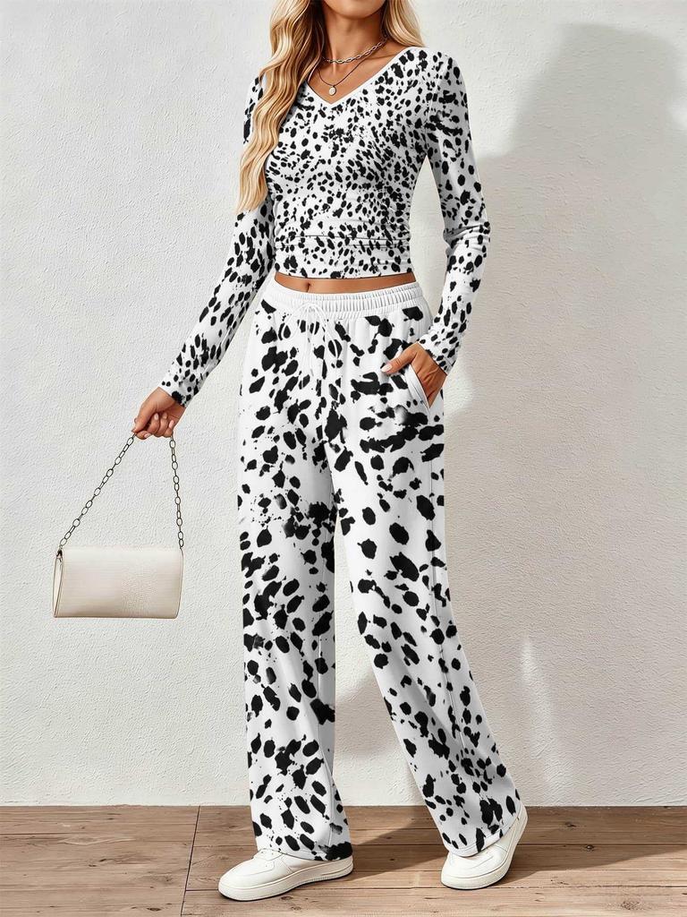 Spring and Autumn Ladies V-Neck Long Sleeve Pants Set Comfortable Casual Versatile Slim Two-piece Set