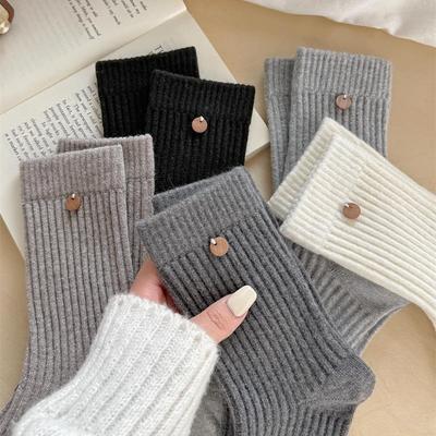 2 Pairs of Cloud-like Wool Socks - Children's Retro Vertical Stripes Plain Color Mother-of-pearl Button Mid-calf Socks for Autumn and Winter Layering.