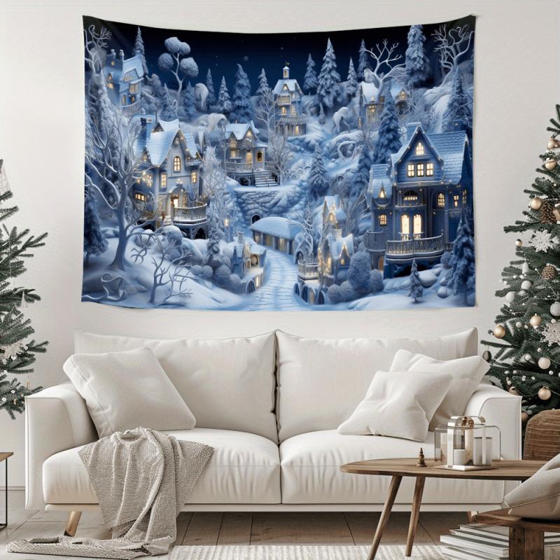 VIKAMA Ice Fantasy Village Tapestry with Snow Covered Cottages for Bedroom Living Room Decor Aesthetic Dreamy Healing Wall Art