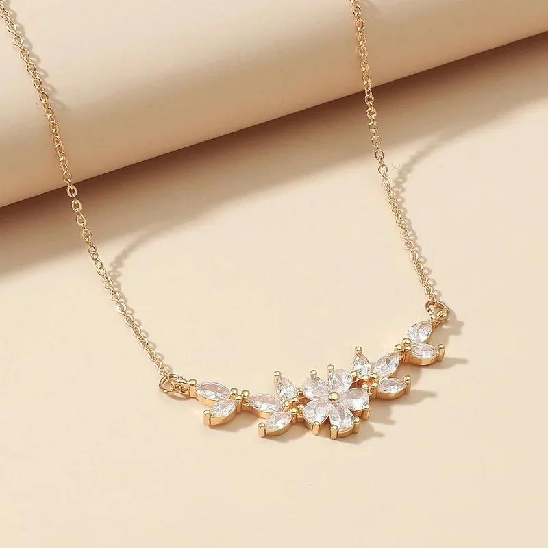ZAKOL Fashion Cubic Zirconia Flower Pendant Necklace for Women Gold Color Charm Choker Bridal Wedding Party Jewelry