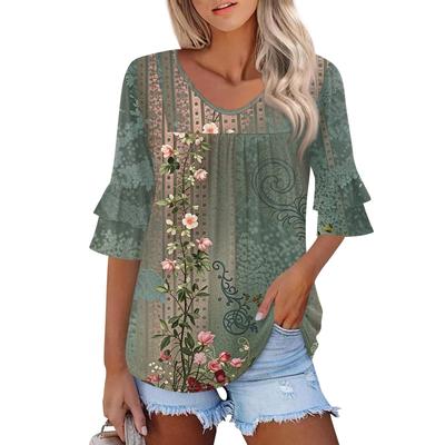 3/4 Length Sleeve Womens Tops Dressy Casual Blouses Bell Ruffle Sleeve Loose Fit Tunic Tops V Neck T Shirts