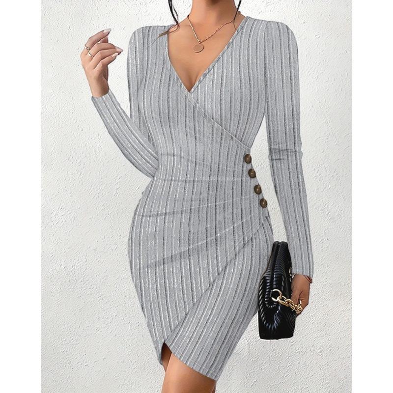 Autumn And Winter Solid Color V-Neck Tight-Fitting Hip-Wrapped Slim-Fitting Sexy Long-Sleeved Dress For Women