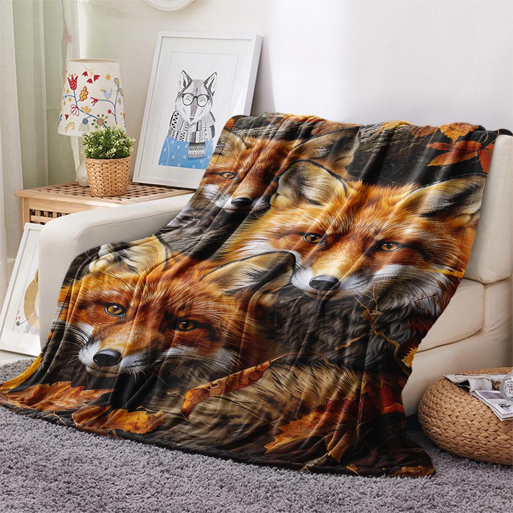 1Pc 3D Fox Print Flannel Blanket, High quality Comfortable for All Seasons, Home Decor, Warmth and Comfort, Perfect for Christmas Gifts