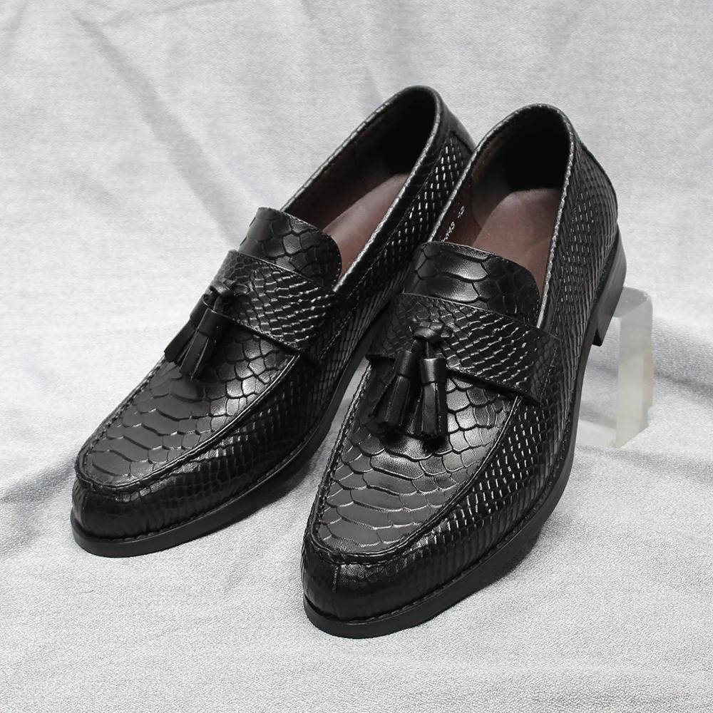 Fashion Italian Style Men's Tassel Loafers Genuine Leather Snake Pattern Slip On Wedding Party Office Dress Shoes for Men Casual Loafers