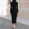 Robe moulante pour femme avec col et bordure en dentelle, manches longues