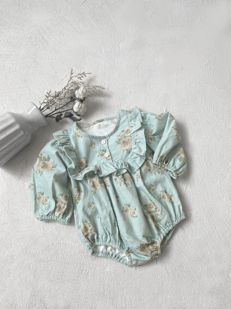 Nordic A-Class Baby Girl Floral Corduroy Romper with Puff Sleeves