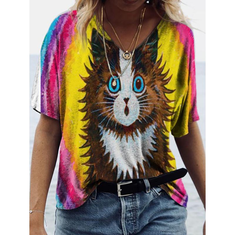 Summer V-neck 3D Cat Flower Colorful Printed Top Fashionable Casual Short Sleeved Women's T-shirts