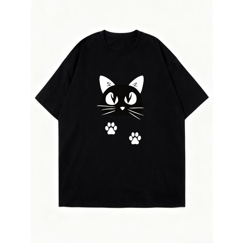 Nadměrné tričkové šaty s potiskem obličeje černé kočky a otisků tlap pro běžné každodenní nošení