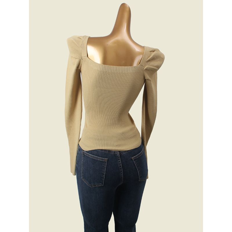 French Style Retro Puff Sleeve Square Collar Bottoming Shirt High Quality Six Wool Silm Long Sleeve Inner Wear Pure Color Bottoming Shirt