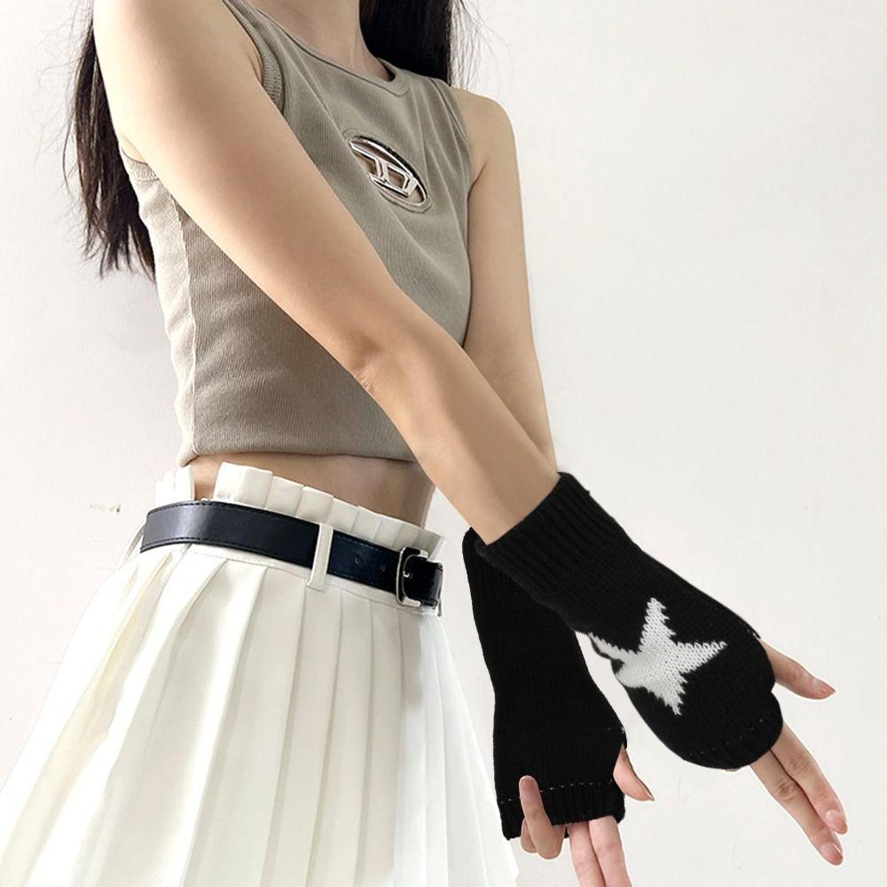 Pár pletených rukavic bez prstů s hvězdami, délka k zápěstí, rukavice bez prstů, Y2K styl