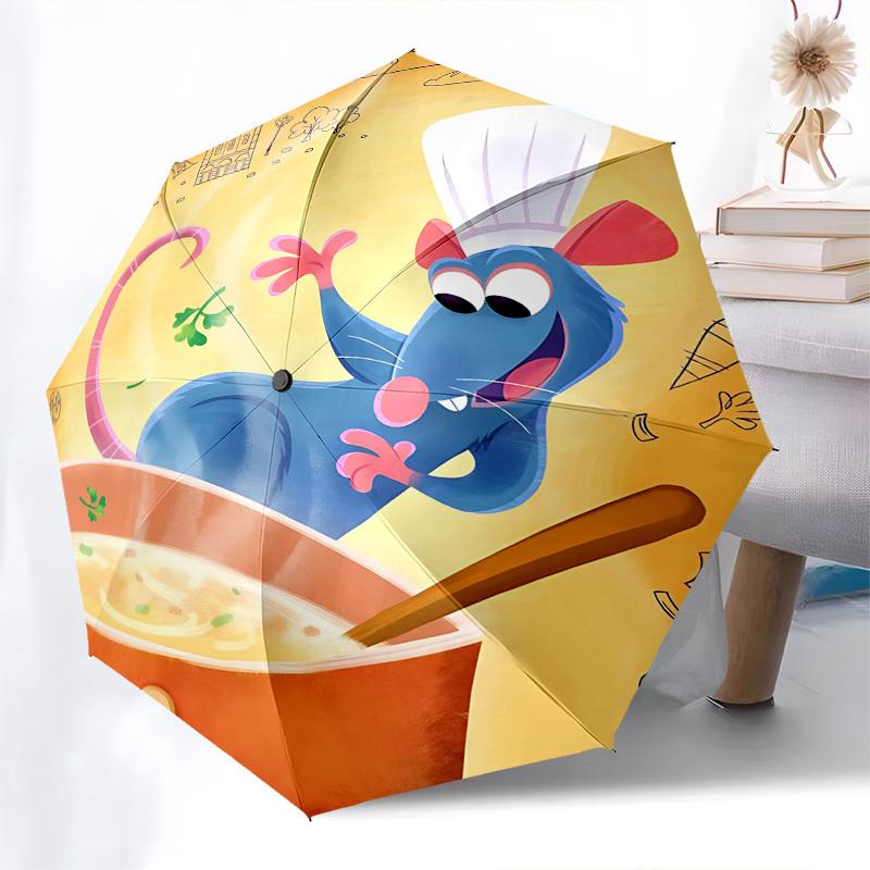 Ratatouille-Themen-Regenschirm mit automatischer Öffnung und Schließung, Helle Farbe, 8-Speichen, Tragbarer Regenschirm, Geeignet für Männer und Frauen, Ein Perfektes Geschenk für Ch