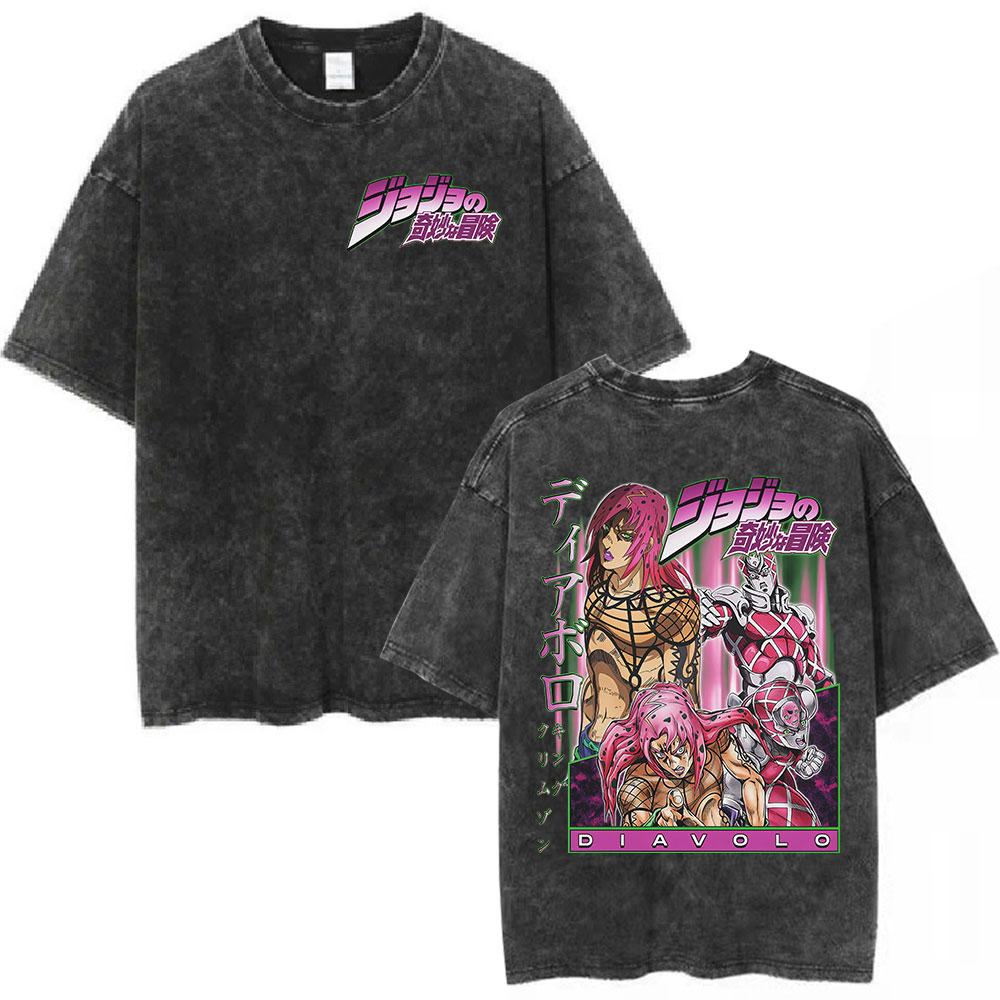 Anime Washed Vintage T Shirts Jojo Bizarre Adventure Tshirt Manga Giorno Giovanna Streetwear Men Women Casual Oversized T Shirt