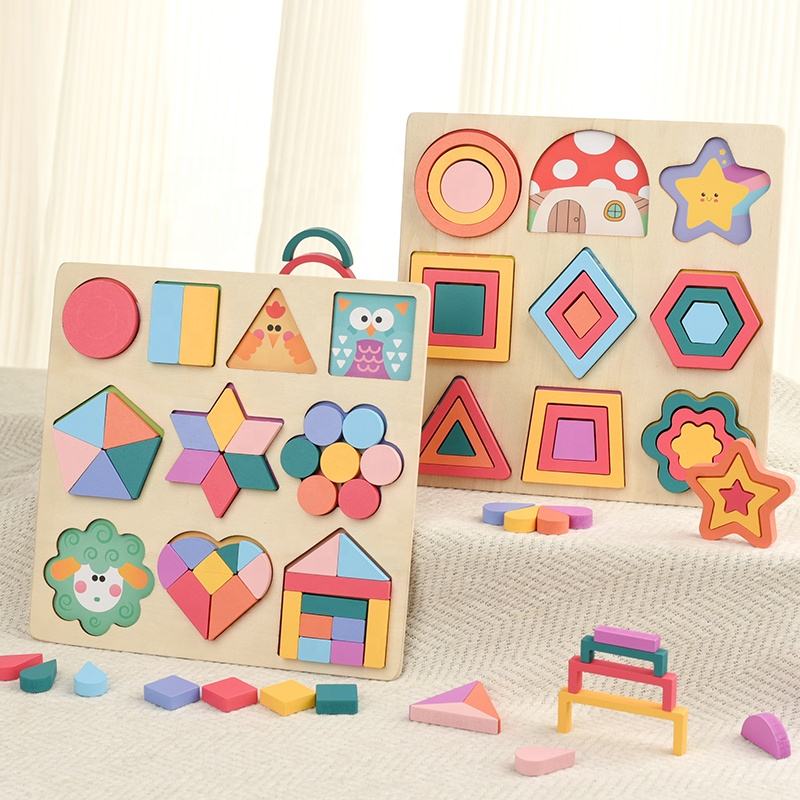 Wooden Shape Cognition Matching Puzzle Board 3D Puzzles Game Children Hand Grasp Board Geometry Jigsaw Puzzle Educational Toys