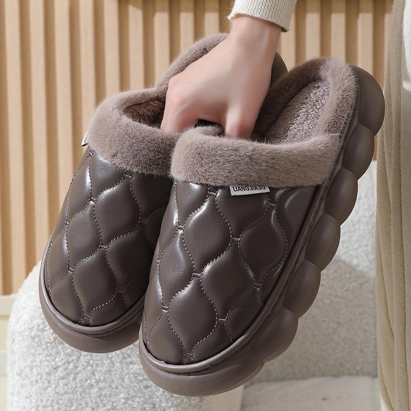 Leather cotton slippers couple autumn and winter home warmth home indoor non-slip thick-soled plush slippers men