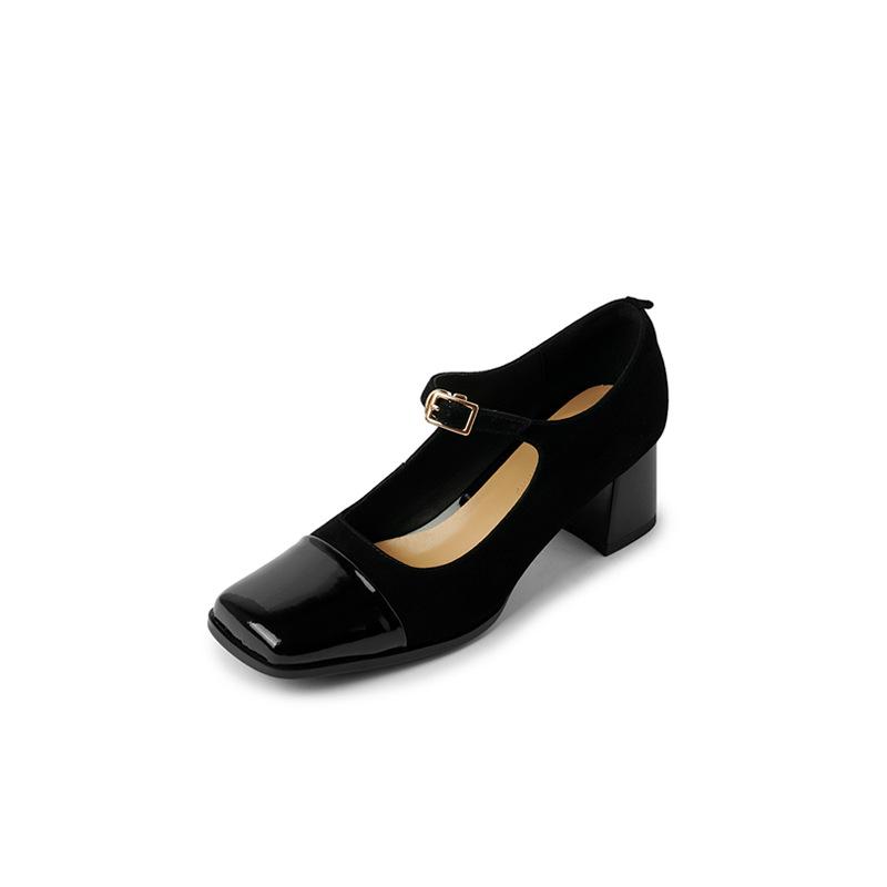 2025 Autumn and Winter New Light Mouth One-word Single Shoes Women's Thick Heel Color Matching Square Head Versatile French Retro Mary Jane Shoes