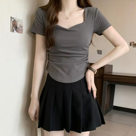 Women's Square Neck Slim Fit Pleated T-Shirt, Summer 2025 Trend