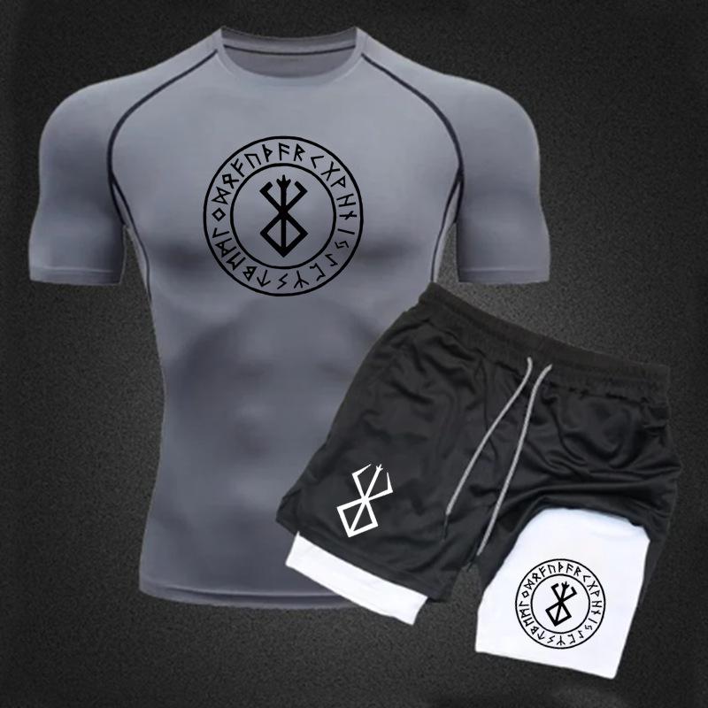 Men's Anime Double-Layer Quick-Dry Shorts & Tee Set for Outdoor Running & Fitness