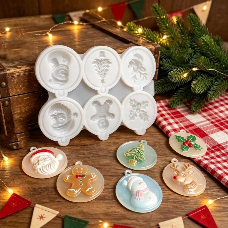 Flexible Silicone Christmas Mould for Wax and Resin Casting, 6 Holiday Cavities with Textured Designs for Candle and Handmade Decoration