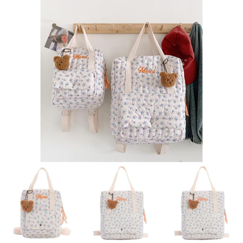 Kid Cotton Quilted Backpack With Floral Prints For School And Travel