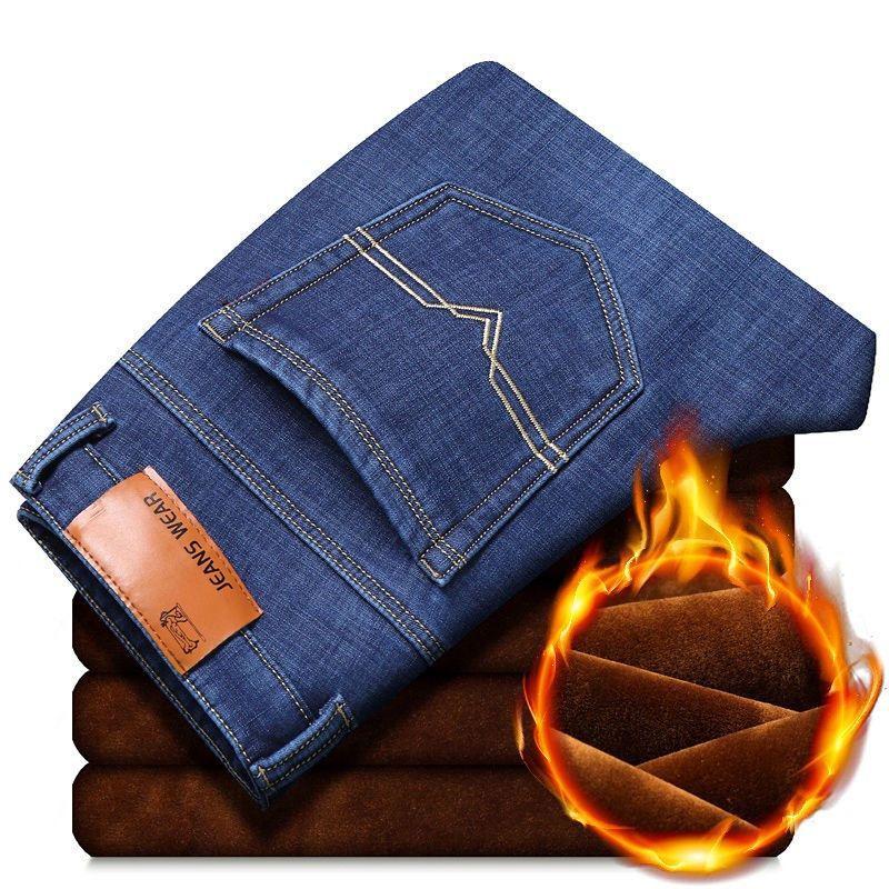 Zima Ležérní Pánské Teplé fleecové džíny Klasický styl Business Hustá kožešina Regular Fit Denim Kalhoty Značka Plyšové kalhoty