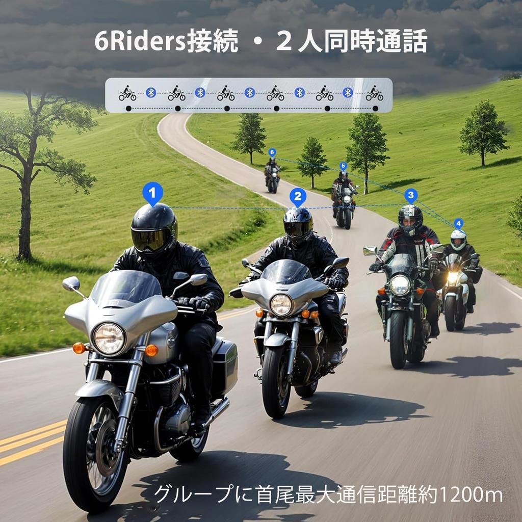 Mihono 6Riders Motorcycle Intercom of V6Pro Upgrade Simultaneous Bluetooth 1200M Talk Earphone Music IP65 Japanese Instruction Approval (Set 2)