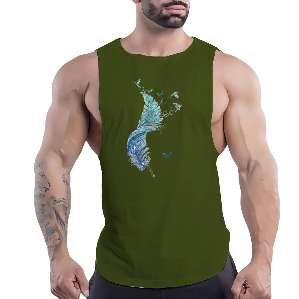 Summer Adult Men'S Outdoor Fitness Crew-Neck Vest Creative Feather Pattern 2d Print Breathable Comfortable Sleeveless Shirt
