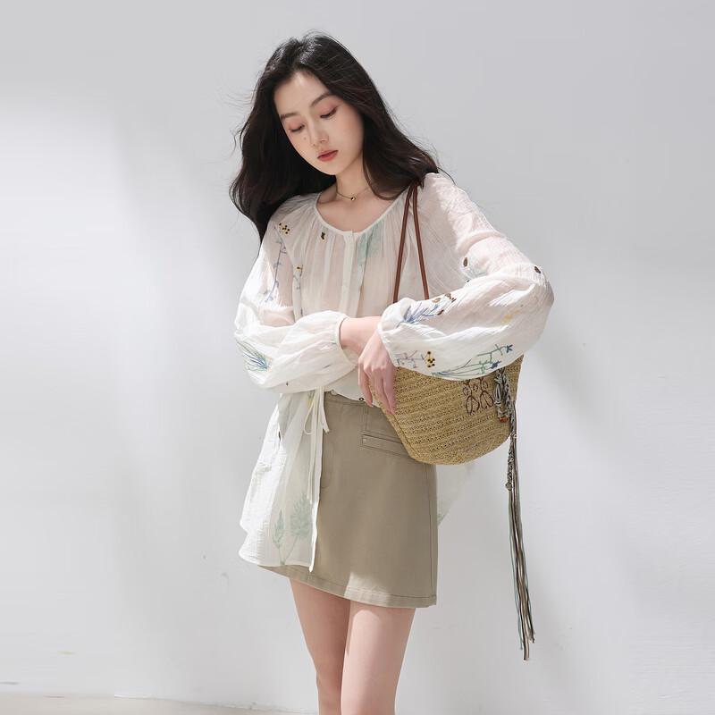 SanCai Lyocell Embroidered Loose Long Sleeve Blouse